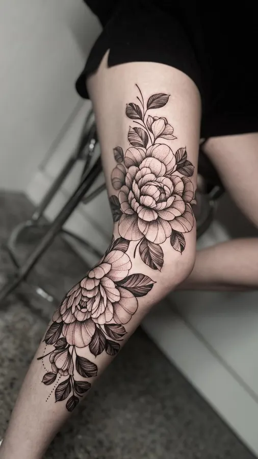 Large black-and-grey floral piece.