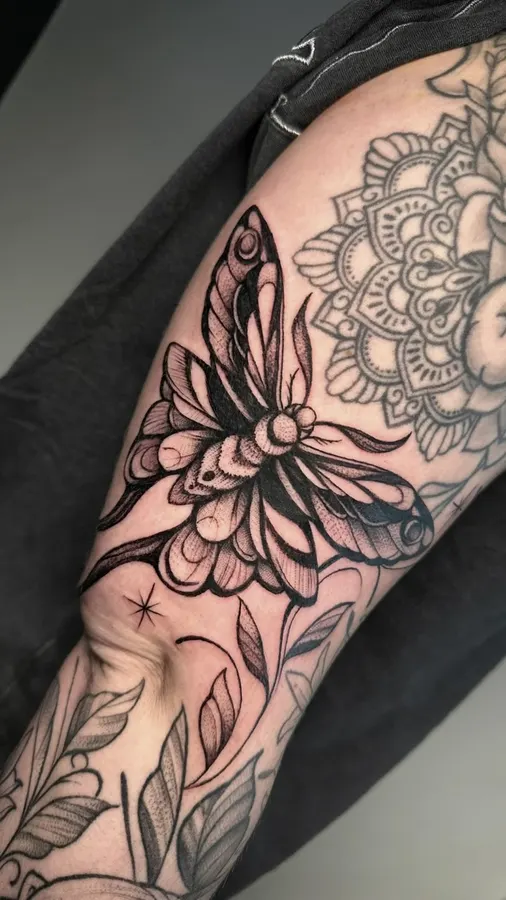 Ornamental wing with floral details.