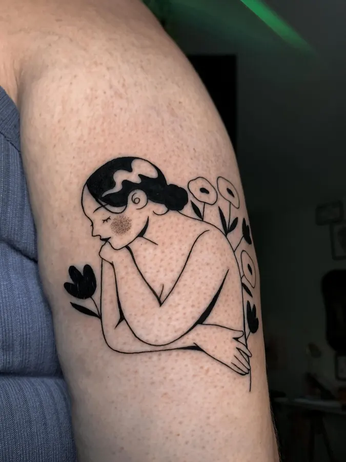 Illustrative female figure in black linework.