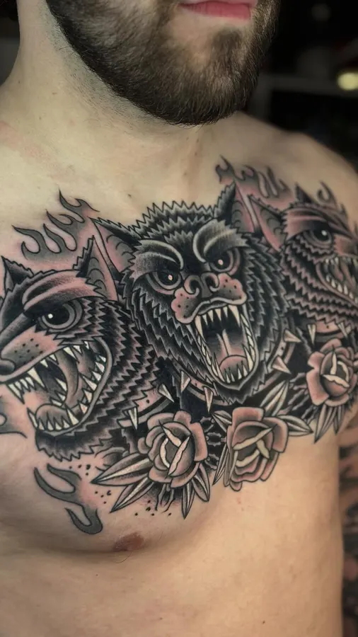 Traditional black-and-grey Cerberus tattoo.