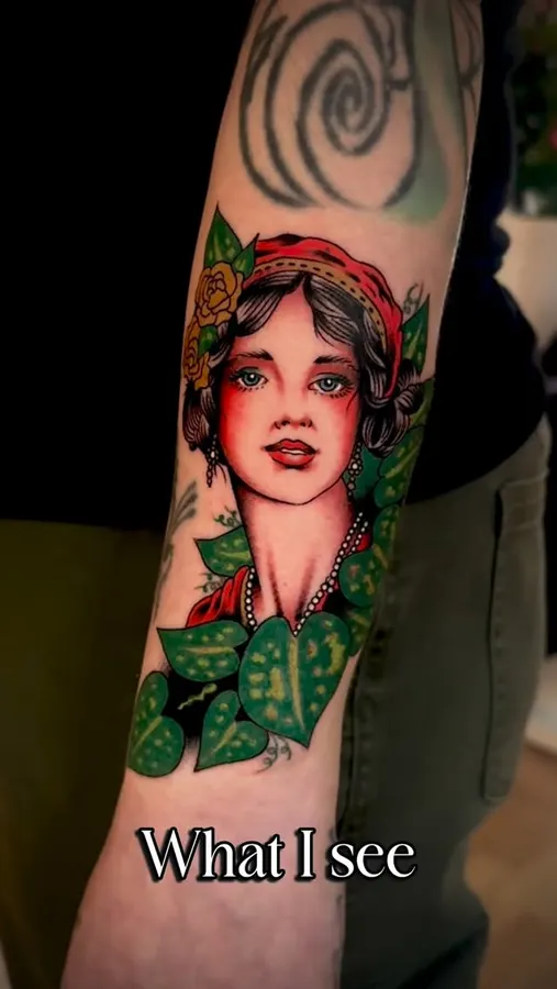 Colourful traditional-style female portrait.