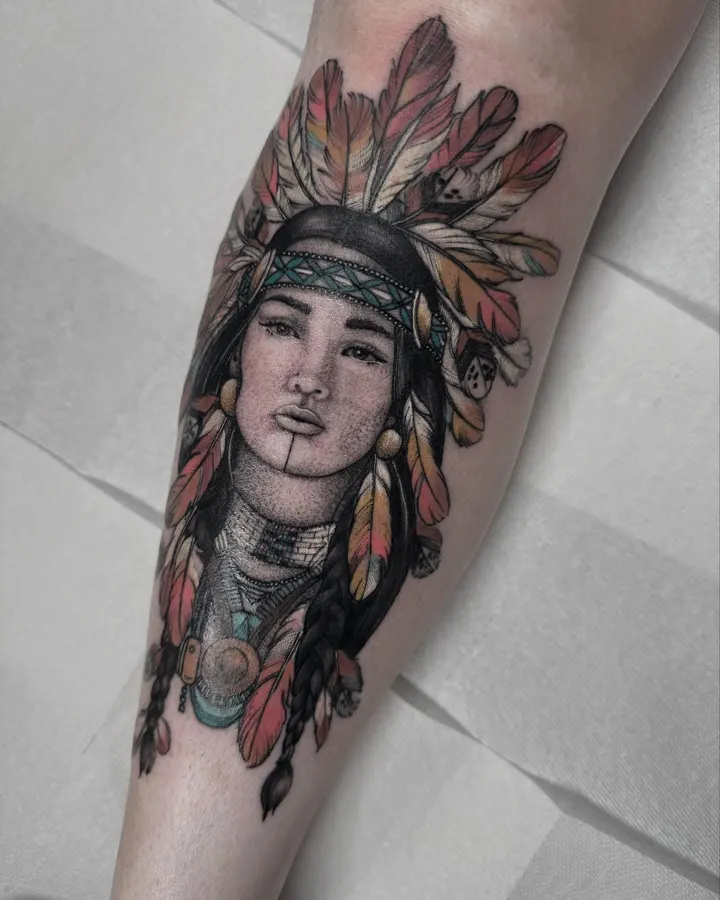 Portrait féminin orné de plumes, tatoué en couleur sur un avant-bras.